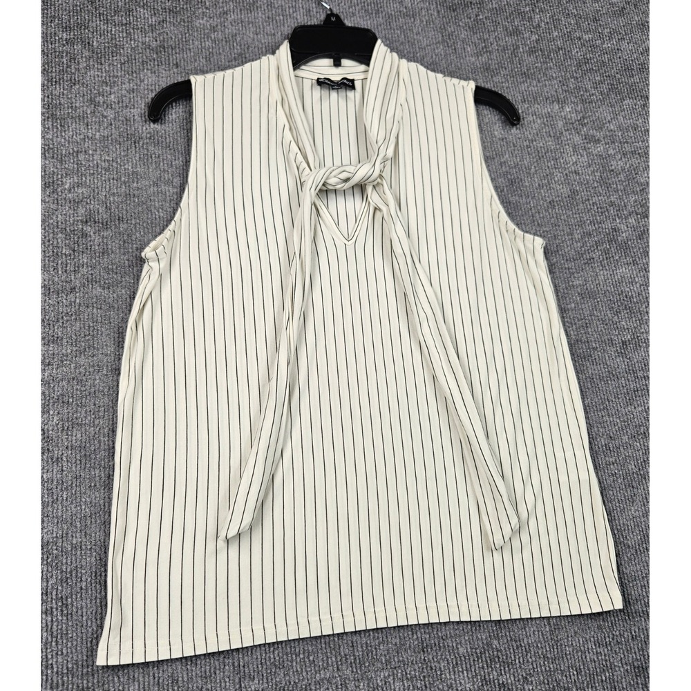 Modern Works Women Large White Black Pinstripe Tie Neck Sleeveless Blouse Top